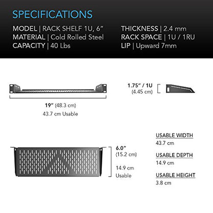AC Infinity Vented Cantilever 1U Universal Rack Shelf, 6" Deep | Designed for 19” Equipment Racks. Heavy-Duty 2.4mm Cold Rolled Steel, 40lbs Capacity - size: 1RU 6" Deep
