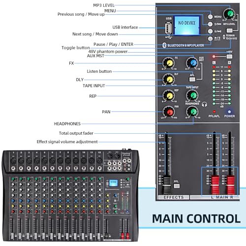 Depusheng DT12 Studio Audio Mixer 12-Channel DJ Sound Controller Interface w/USB Drive for Computer Recording Input, XLR Microphone Jack, 48V Power, RCA Input/Output for Professional and Beginners