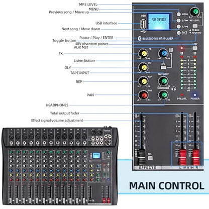Depusheng DT12 Studio Audio Mixer 12-Channel DJ Sound Controller Interface w/USB Drive for Computer Recording Input, XLR Microphone Jack, 48V Power, RCA Input/Output for Professional and Beginners