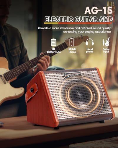 Leo Jaymz 15W Portable Electric Guitar Amp with BT, Rechargeable Battery, Built-in Effects Reverb, Overdrive, EQ, Woodgrain Finish, and 6.35mm Headphone Jack (AG-15)