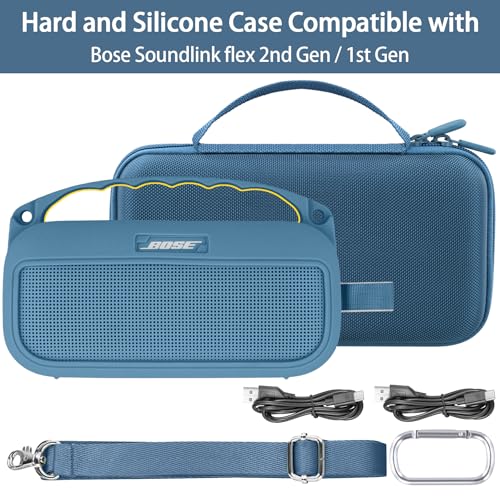co2CREA Hard and Silicone Travel Case for Bose SoundLink Flex 2/1,Blue Dusk | 2nd Gen Compatibility, Dual-Layer Protection, EVA Hard Shell, Silicone Cover, Adjustable Shoulder Strap, Aluminum Carabiner - color: Blue Dusk Case