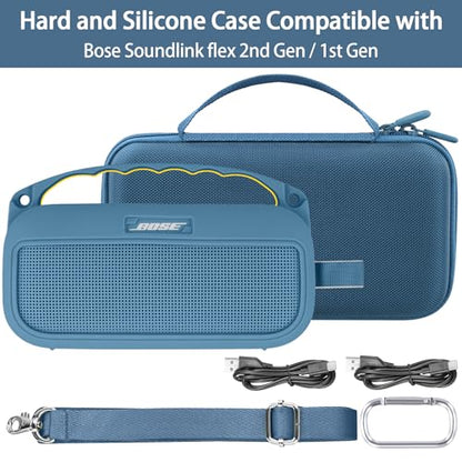 co2CREA Hard and Silicone Travel Case for Bose SoundLink Flex 2/1,Blue Dusk | 2nd Gen Compatibility, Dual-Layer Protection, EVA Hard Shell, Silicone Cover, Adjustable Shoulder Strap, Aluminum Carabiner - color: Blue Dusk Case