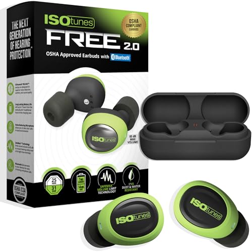 ISOtunes Free 2.0 Bluetooth Hearing Protection, OSHA Compliant Work Earbuds | 25 dB NRR, wireless earplug headphones, OSHA approved, true wireless Bluetooth, designed for work - color: Safety Green