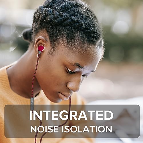 COBY Noise Isolating Metal Wired Earbuds| Wired Headphones w/Tangle Free Braided Wire |Built-in Microphone for Ear Buds| Noise Canceling Headphones w/ 3.5mm AUX| S/M/L Comfort Ear Gels| Red - color: Red