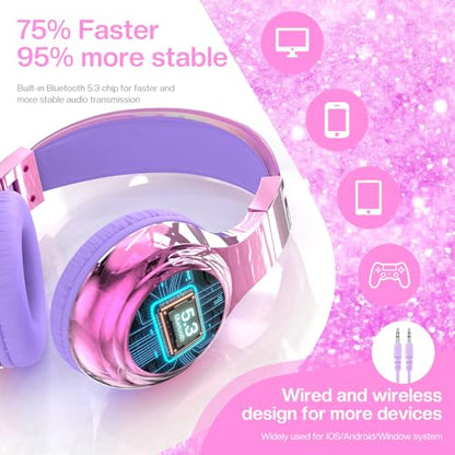 QearFun Kids Bluetooth Headphones, 60H Playtime, 74/85/94dB Volume Limit | For school, tablet, travel, kids wireless headphones feature HD mic, fast charging, foldable design, boys girls, wired mode - color: A-Purple