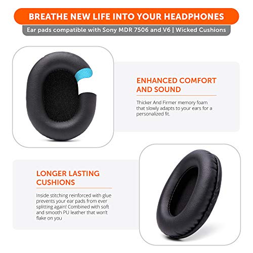 WC PadZ MDR7506 - Replacement Ear Pads for Sony MDR 7506 | Made by Wicked Cushions | Also fits V6 & CD900ST. Softer Leather, Luxurious Memory Foam | Airweave Fabric Black