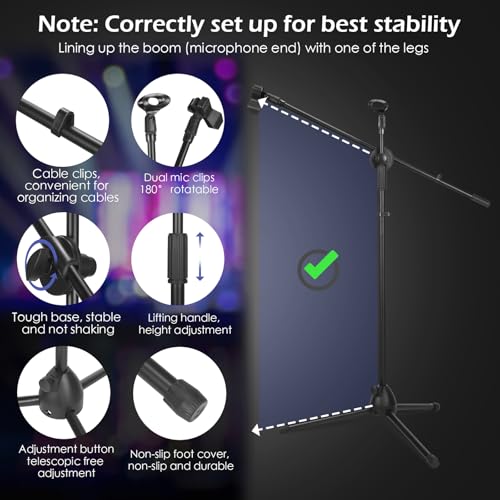 Sherr 2 Pcs Microphone Stand Boom Bulk, Adjustable Height Tripod Mic Stand with Dual Clip, Black Foldable Universal Heavy Duty Tripod Holder for Live Stream Singing Stage - style: Mic