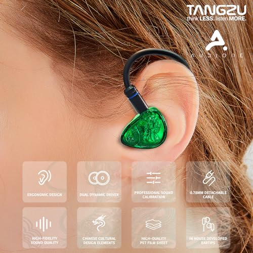 TANGZU Wan'er S.G II Jage Dragon Gaming IEM Earphones, 10mm PET Single Dynamic Driver in Ear Monitor Headphones with Mic for Studio Gaming, Flat Detachable 2-Pin Cable (Green 3.5mm Without Mic) - size: 3.5mm without Mic