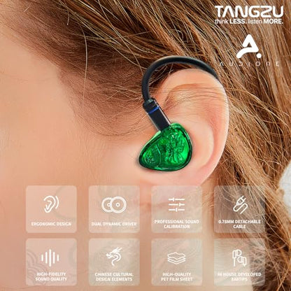 TANGZU Wan'er S.G II Jage Dragon Gaming IEM Earphones, 10mm PET Single Dynamic Driver in Ear Monitor Headphones with Mic for Studio Gaming, Flat Detachable 2-Pin Cable (Green 3.5mm Without Mic) - size: 3.5mm without Mic
