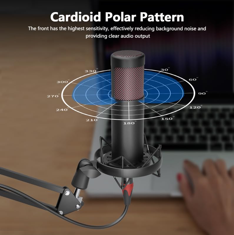 Podcast Studio 48V Condenser Microphone, Plug and Play with Microphone arm, Suitable for Professional Podcast Recording, Gaming, Live Streaming