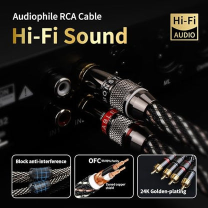 Audiophile HiFi 4.92ft Audio RCA Cables - 2RCA Male to Male,15 AWG,4N OFC Core,24K Gold-Plated Plugs,with Nylon Braid,Subwoofer Cable,Compatible with Amplifier,CD Player,Turntable(4.92ft/1.5m) - size: 4.92 ft