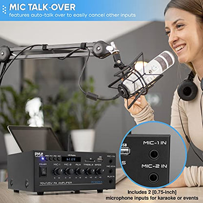 Pyle Compact Mini Home Power Amplifier - 40W Smart Small Audio Stereo Receiver w/AUX, 2 Microphone in, COM/8-Ohm/25V/70V Speakers, LED, Input Selector, for PA, Amplified Speaker Sound System PCM20A.5 | COM/8-Ohm/25V/70V Connect, LED Display - PCM20A.5 - s