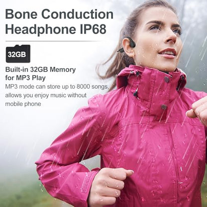 Bone Conduction Headphones,Waterproof IP68,Wireless Bluetooth 5.3 Earphones with Microphone, Built-in 32GB MP3 Open Ear Bluetooth Headphones for Running,