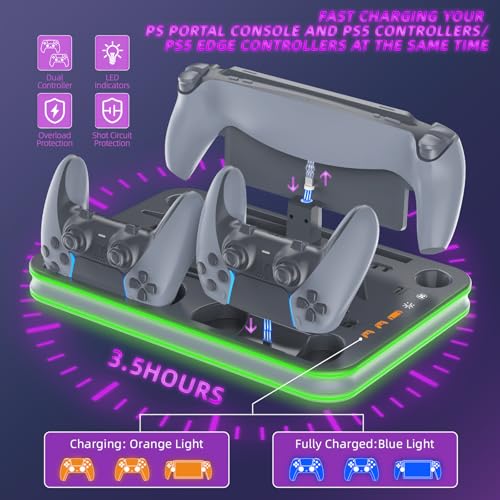 PS Pro Cooling Station, Portal Charger, Dual Controller Dock & RGB Lights | Magnetic Portal dock and dual controller chargers show status; set console USB power to Always for charging in rest mode - color: Gray