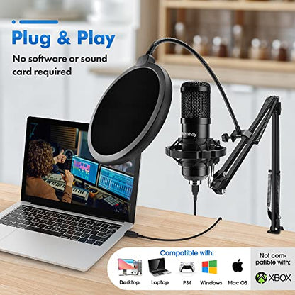 Bwrethay USB Microphone,Professional Microphone 192kHz/24Bit Plug & Play PC Computer Condenser Cardioid Mic Kit with Adjustable Boom Arm Stand Shock Mount,for Podcast,Streaming,StudioRecording, Black