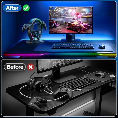 KDD RGB Headphone & Controller Stand with 9 Light Modes - Foldable Controller Hanger for Desk - Earphone Stand with Cable Organizer - for Gamers Desktop Accessories