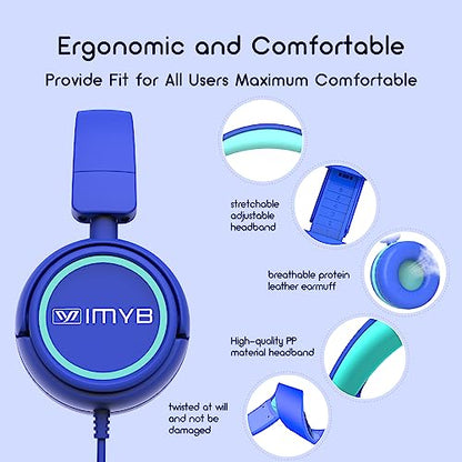 IMYB Kids Headphones, V1 Wired Stereo Foldable Tangle-Free 3.5mm Adjustable On-Ear Headphones for Kids for School/Toddlers/Childrens/Teens/Boys/Girls/Ipad/Tablet/Kindle/Phones/Travel/Plane (Blue) - color: Blue