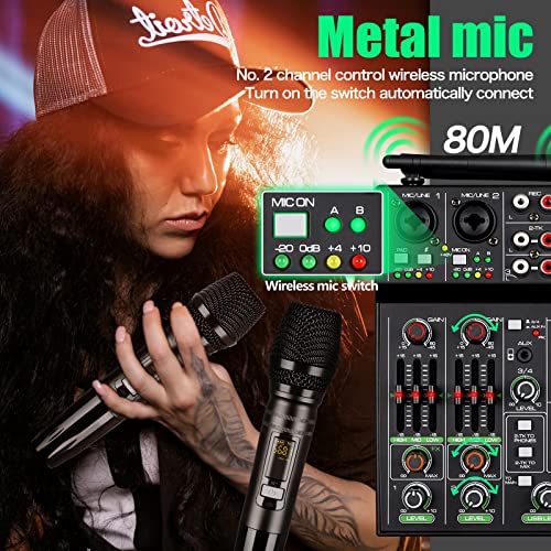 Professional Audio Mixer, 4 Channel Sound Mixer With Dual Wireless Mic, Sound Board Console MP3 Bluetooth 48V Phantom Power USB Interface DJ Mixing for Home Karaoke Party Computer Studio Recording