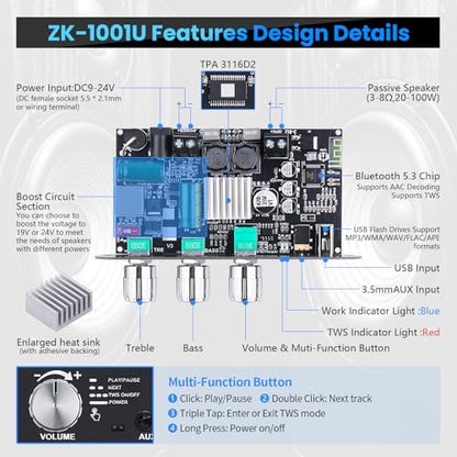 ZK-1001U Amp Bluetooth 5.3 Mono Amplifier Board Mini Audio Amps with TWS | 100W Amp with Boost for Home Outdoor DIY Speakers with 100W Power Output, Treble & Bass,USB/AUX/BT Input, DC 9-24V - color: Black4 ZK-1001U