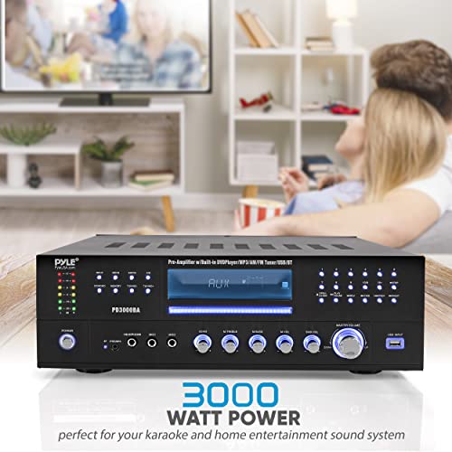 Pyle 4 Channel Bluetooth Amplifier with Front Loading DVD/CD Player - 3000 Watt Stereo Receiver with FM Radio, Dual Microphone w/Echo for Karaoke, USB-A in, LED, Rack Mount - PD3000BA.5