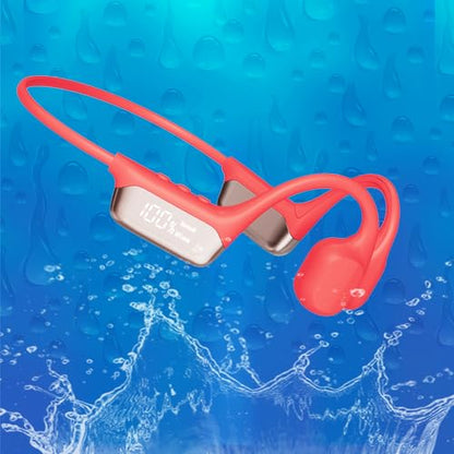 Swimming Headphones Bone Conduction Open Ear Headset MP3 Player Built-in 32G Memory IP68 Underwater Waterproof Stereo Bluetooth Earphone LED Screen for Driving Bicycling Running Skiing-S10 Red - color: Swim Headphone S10 Red
