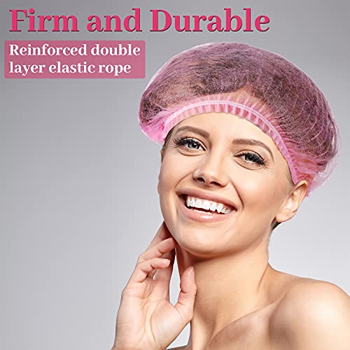 100 Pcs Disposable Nonwoven Bouffant Caps 21 Inch Hair Net Elastic Cap Hair Cover Hats for Beauty Salon Hospital Spa Catering Dust-free Workspace(Pink) - color: Pink