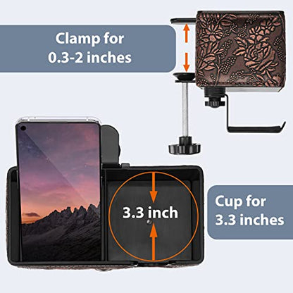 Under Desk Cup Holder Clamp on Cup Holder PU Leather Clip on Desk Organizer | Desk organizer with pencil holder clamp on side, under desk hanging organizer, clip on cup holder desk phone stand holder PU - color: Golden