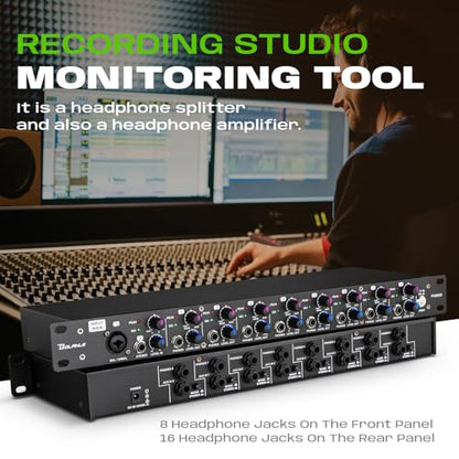 Bolanle PH8000 8-Channel Headphone Amplifier, High-Power Stereo Distribution Amp with Independent Volume Controls, 1U Rackmount for Studio Recording, Live Sound, Broadcasting, and Multi-User Monitorin - size: PH8000