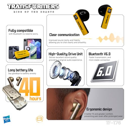 Transformers Earbuds T76, Bluetooth 6.0 Wireless Gaming Earbuds with Mic, Low Latency in Ear Earbuds, 13mm Drivers, HD Calling, 40H Playtime, Zinc Alloy Case (Bumblebee Yellow) - color: Bumblebee Yellow