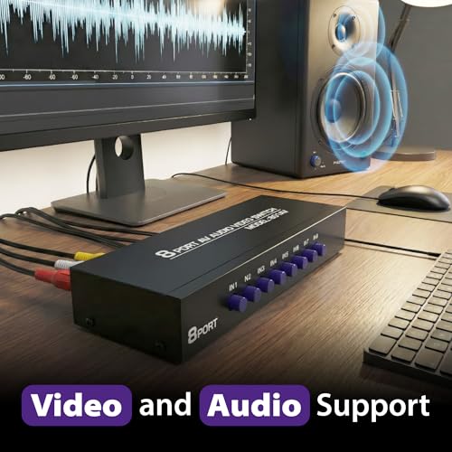 Fosmon 8방향 RCA 스플리터 및 AV 스위치, 20.3cm(8인치) (암) 1 아웃(암) 오디오 비디오 스테레오 셀렉터 스위치 박스, RCA 컴포지트 패치 케이블 및 S-비디오 케이블 포함, HDTV, STB, 게임 콘솔용 - color: 8방향