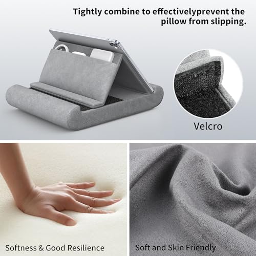 CreaDream Tablet Pillow Stand, Foldable Tablet Holder for Lap, Bed | Soft Pillow Pad with Pocket and Stylus Mount, for 4-13" Tablets, Like iPad Pro 11, 13, Air, Mini, Kindle, Galaxy Tab, Grey - color: Grey