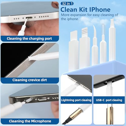 Inesore for Airpod Cleaner Kit,3-in-1 Multi-Function Cleaning Kit Pen Keyboard Cleaning Kit,32-in-1 Multi-Function Cleaner Tool for All Phone Laptop iPhone Device Charging Port