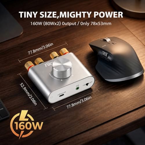 Facmogu F900S Bluetooth 5.0 Mini Power Amplifier, 80Wx2 Stereo Digital Amp | 160W 2.0CH | Hi-Fi Wireless Audio Receiver | AUX/USB/BT Input | Included 12V Power Adapter | For Passive Speakers | Silver - color: Silver, size: 80W+80W