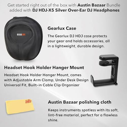 Pioneer DJ HDJ-X5 Over-Ear DJ Headphones - Silver Bundle with Case, Stand, and Austin Bazaar Polishing Cloth - color: HDJ-X5, style: Silver