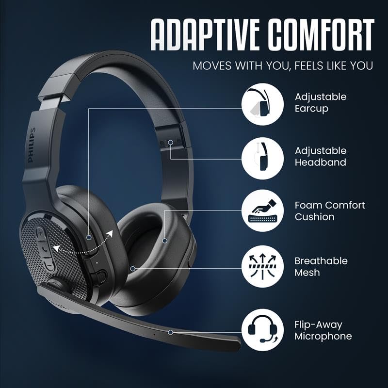 PHILIPS Trucker Bluetooth Headset, Wireless Headset with Noise-Canceling Microphone, 2-in-One Convertible Mono & Stereo Design Headphones, All Day Extended Playtime for Work, Home, Hands-Free Driving - color: Black