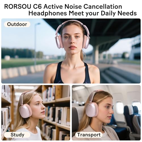 C6 Active Noise Cancelling Headphones, Wireless Over Ear Bluetooth Headphones, 60H Playtime, Lightweight Folding Deep Bass Comfort Fit Ear Cups Headset with Mic for iPad/PC/Home Rose Gold - color: Rose Gold