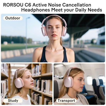 C6 Active Noise Cancelling Headphones, Wireless Over Ear Bluetooth Headphones, 60H Playtime, Lightweight Folding Deep Bass Comfort Fit Ear Cups Headset with Mic for iPad/PC/Home Rose Gold - color: Rose Gold