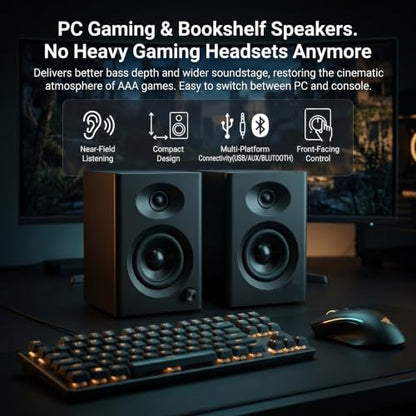 4-Inch Powered Bluetooth Bookshelf Speakers, Black - color: Walnut
