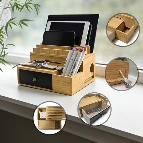 Bamboo Charging Station Organizer with Drawer and Pen Holder | Charging Stand Rack for Multi-Devices, Cable Organizer Box, Bedside Dock Stand Holder (Include 5 Cables)(No Power Adapter)