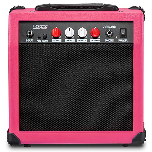 LyxPro Electric Guitar Amp 20 Watt Amplifier Built in Speaker Headphone Jack and Aux Input Includes Gain Bass Treble Volume and Grind - Pink - color: Pink, size: 20 Watt