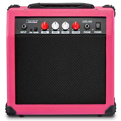 LyxPro Electric Guitar Amp 20 Watt Amplifier Built in Speaker Headphone Jack and Aux Input Includes Gain Bass Treble Volume and Grind - Pink - color: Pink, size: 20 Watt