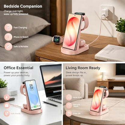 Wireless Charging Station for Samsung/Android, Fast Wireless Watch Charger Station Compatible for Samsung Galaxy S26 Ultra/S25/S24+/Z Flip 7/6 Fold 7/6, Watch8/7/Pro/Active 2 Galaxy Buds3/2 Pro(Pink) - color: Pink
