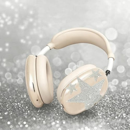 [4 in 1] Case Cover for AirPods Max 2/1 (2026/2024/2020) Ear Pad Case Cover/Headband Cover/Ear Cups Cover with Bling Star for Apple AirPods Max Headphones (Beige Star) - color: Beige Star