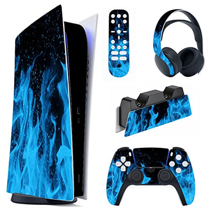 PlayVital Blue Flame Full Set Skin Decal for ps5 Console Digital Edition, Sticker Vinyl Decal Cover for ps5 Controller & Charging Station & Headset & Media Remote - color: Blue Flame