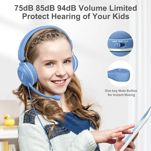 SIMOLIO Wired Headphones for School with Microphone, Stereo Kids Headphone with Flexible Swivel Boom Mic for Student K12 & Teacher & E-Learning, 3 Levels Volume Limiter Gaming Headsets for Boys, Girls - color: Light Blue