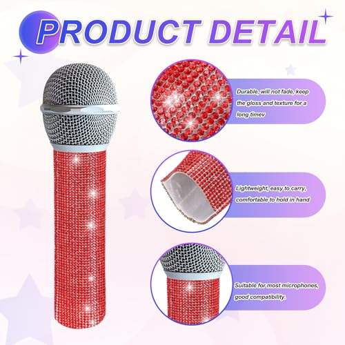 MECCANIXITY Red Mic Handle Cover, Rhinestones Microphone Handle for Most Universal Wireless Microphones, Mic Not Included(with Black Velvet Bag) - color: Red Black