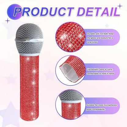 MECCANIXITY Red Mic Handle Cover, Rhinestones Microphone Handle for Most Universal Wireless Microphones, Mic Not Included(with Black Velvet Bag) - color: Red Black