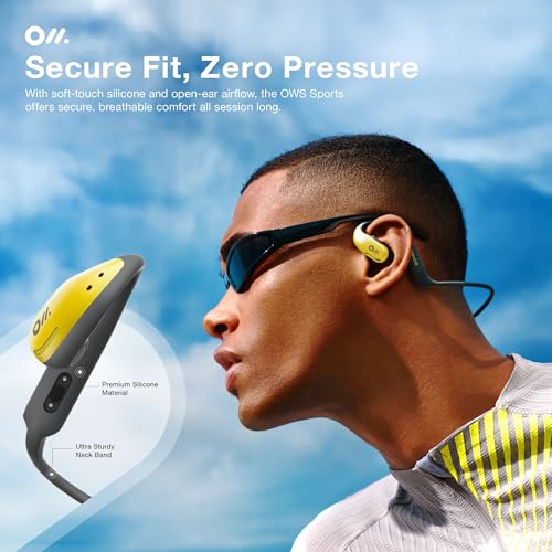 Oladance OWS Sports True Wireless Open-Ear Headphones, IPX8, 15H Playtime | Multi-Point Connectivity, Bluetooth 5.3, Durable Neckband, Virtual Bass 2.0, Liquid Silicone, Amplifier Chip - color: Yellow