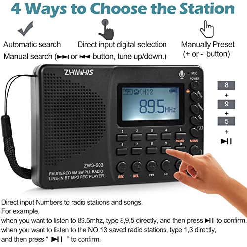 ZHIWHIS Portable Bluetooth Radio, FM AM Shortwave Radios with Sleep Timer and Preset Function, Rechargeable Digital Recorder, Stereo MP3 Player with Lyric Display, Support Micro SD Card and AUX - style: ZWS-603 (white backlight)