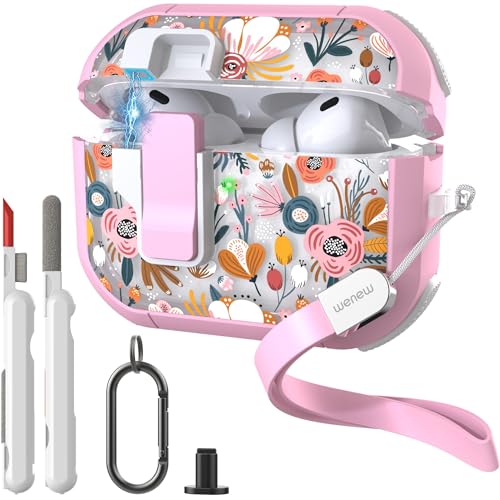 WENEW for AirPods Pro 3 Case (2025) Cover Secure Lock Automatic Snap Switch Clip Cleaner Kit Lanyard Women Stylish Flower Hard Shell Full Body Front LED Visible (Pink Flower, AirPods Pro 3) - color: Pink Flower, size: AirPods Pro 3